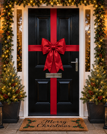 Red padded satin Christmas door bow with matching ribbon on a black front door Image