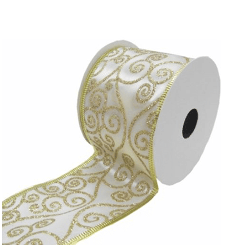 Christmas Ivory & Gold Swirl Wired Edge Ribbon