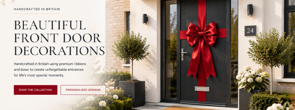 Luxury red satin door bow on a modern British front door