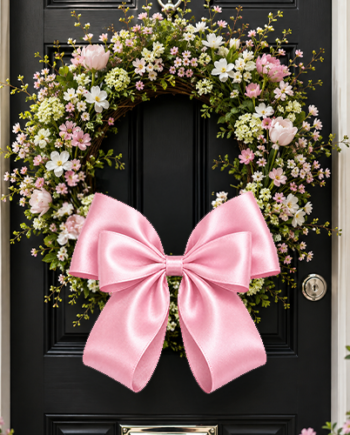 Pink Decorative Bow On Door Wreath In Spring